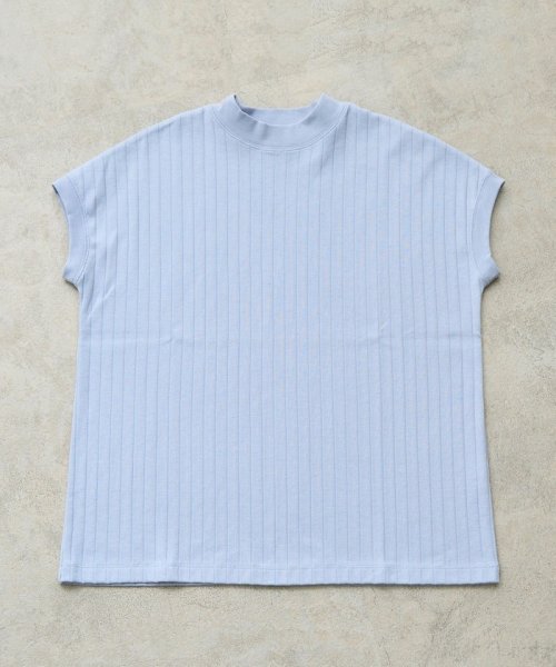 coen(coen)/USAコットンハイネックフレンチスリーブワイドリブTシャツ/LT.BLUE