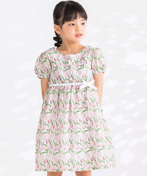 BeBe Petits Pois Vert(ベベ プチ ポワ ヴェール)/ウエストリボン花柄ワンピース(95~150cm)/ピンク系