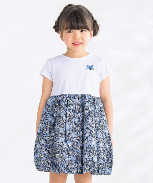 BeBe Petits Pois Vert(ベベ プチ ポワ ヴェール)/花柄カットソー切り替えバルーンワンピース(95~150cm)/ホワイト