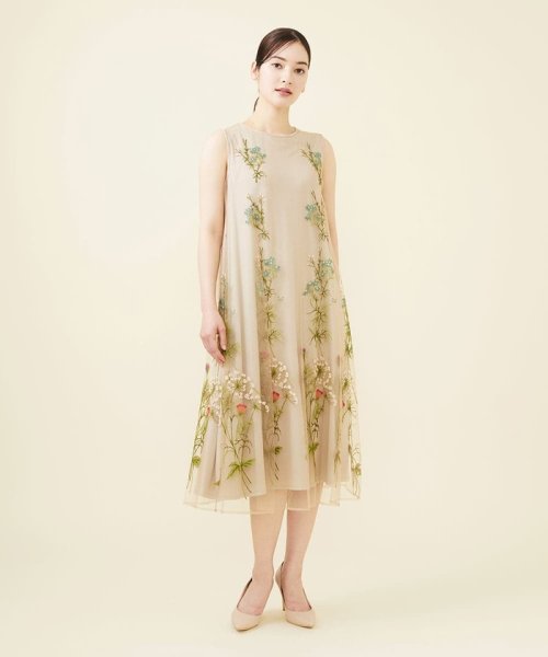 フラワー刺繍チュールノースリーブドレス 