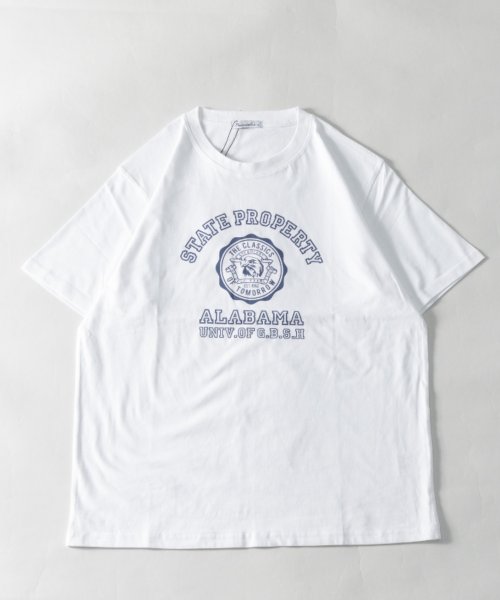 Nylaus(ナイラス)/レギュラーフィット カレッジロゴアソートプリント ショートスリーブTシャツ/ホワイト