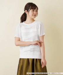 Leilian(レリアン)/透かし編み柄半袖ニットプルオーバー/ホワイト
