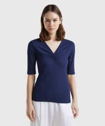 BENETTON (women)/Vネックギャザー5分袖リブTシャツ・カットソー/506004558