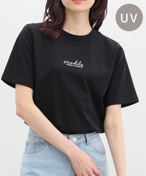 Honeys(ハニーズ)/ロゴ刺繍Ｔシャツ トップス Tシャツ 半袖 綿 コットン UVカット 大人カジュアル /ブラック