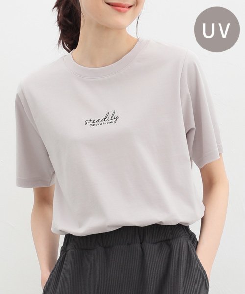 Honeys(ハニーズ)/ロゴ刺繍Ｔシャツ トップス Tシャツ 半袖 綿 コットン UVカット 大人カジュアル /ライトグレー