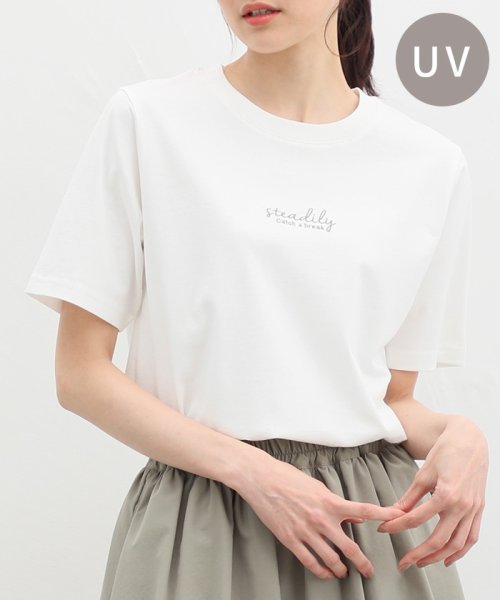 Honeys(ハニーズ)/ロゴ刺繍Ｔシャツ トップス Tシャツ 半袖 綿 コットン UVカット 大人カジュアル /オフホワイト系1