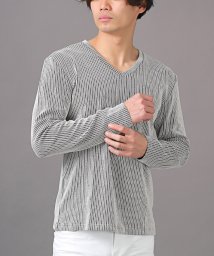LUXSTYLE(ラグスタイル)/細膨れストライプVネックロンT/ロンTシャツ メンズ 長袖Tシャツ Vネック ストライプ柄 総柄 凸凹/ホワイト