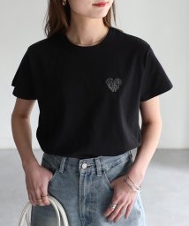Riberry(リベリー)/ハートロゴラメ刺繍コンパクトTシャツ/ブラック×チャコールグレー