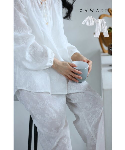 CAWAII(カワイイ)/花刺繍が浮かぶコットンパジャマセット/ホワイト