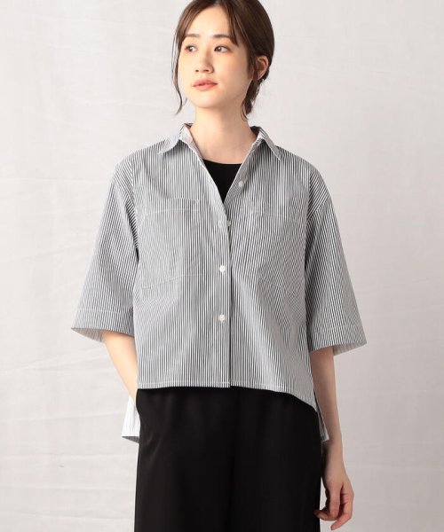  Comme ca Mature(コムサマチュア)/3パターンのストライプを組み合わせた五分袖 クロップドシャツ/ホワイト