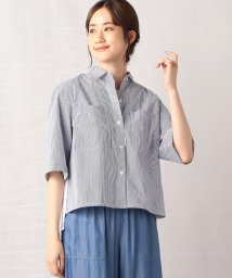  Comme ca Mature(コムサマチュア)/3パターンのストライプを組み合わせた五分袖 クロップドシャツ/ホワイト系1