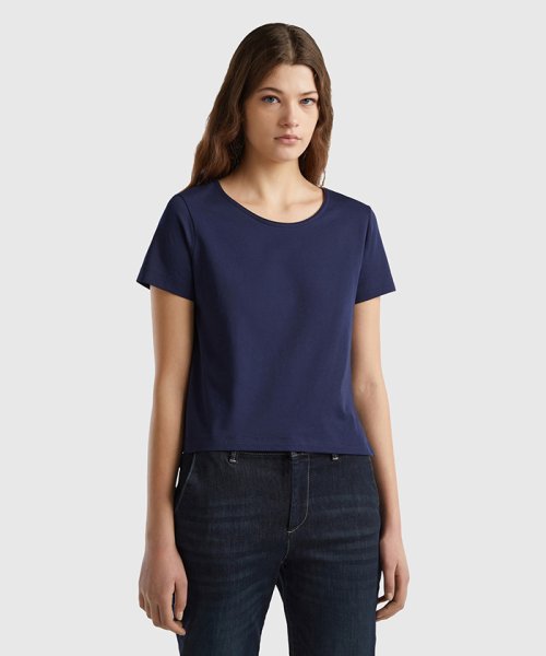 BENETTON (women)(ベネトン（レディース）)/クルーネックアシンメトリーサイドスリット半袖Tシャツ・カットソー/ネイビー