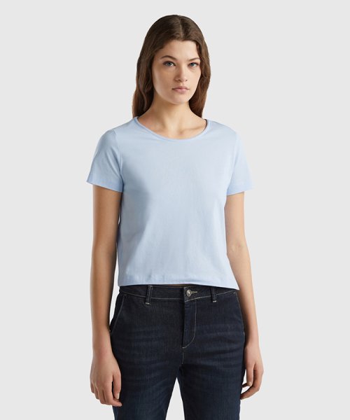 BENETTON (women)(ベネトン（レディース）)/クルーネックアシンメトリーサイドスリット半袖Tシャツ・カットソー/ライトブルー