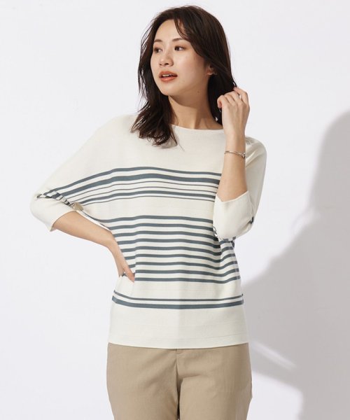 J.PRESS LADIES(J．プレス　レディス)/【WEB限定カラーあり・洗える】LINKS DOLMAN ホールガーメント ランダムボーダー ニット/ホワイト×ダルブルー系1