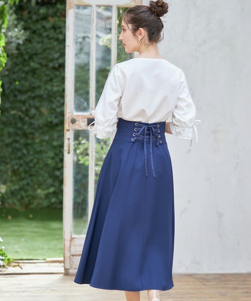 tocco closet(トッコクローゼット)/バックレースアップハイウエストフレアスカート/NAVY