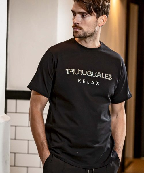 1PIU1UGUALE3 RELAX(1PIU1UGUALE3 RELAX)/1PIU1UGUALE3 RELAX(ウノピゥウノウグァーレトレ リラックス)ビーズロゴ半袖Tシャツ/ブラック