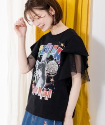 ScoLar(スカラー)/FRIDAY NIGHTとネコプリント メッシュフリル袖Tシャツ/ブラック