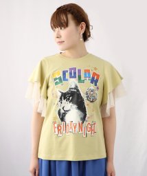 ScoLar(スカラー)/FRIDAY NIGHTとネコプリント メッシュフリル袖Tシャツ/イエロー