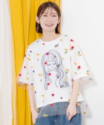 ScoLar(スカラー)/花刺繍チュール重ね 女の子プリントTシャツ/アイボリー