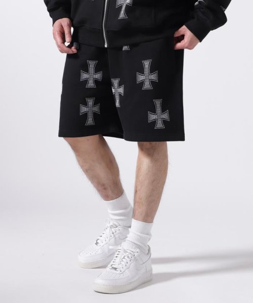 LHP(エルエイチピー)/UNKNOWN LONDON/アンノウンロンドン/BLACK WITH WHITE CROSS RINESTONE SHORTS/ブラック