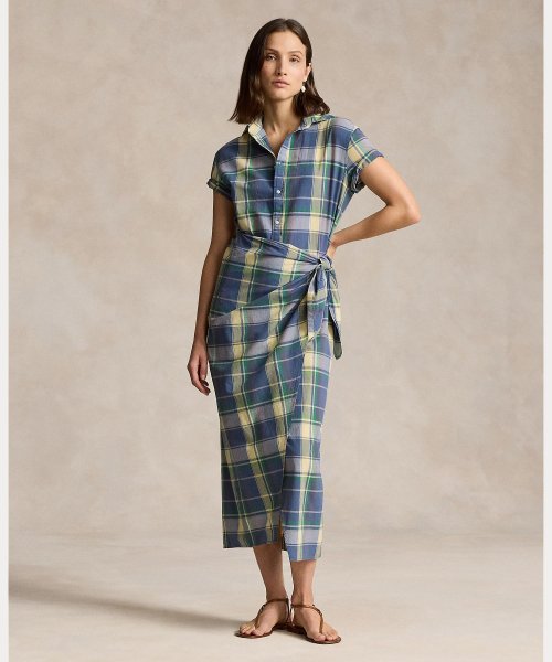 チェック セルフタイ コットン シャツドレス Cotton TM