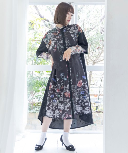 花柄プリント×たんぽぽの綿毛チュール 切替シャツワンピース - (ほぼ未 
