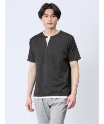 TAKA-Q(タカキュー)/さまになる フェイクレイヤード キーネック半袖Tシャツ/ブラック