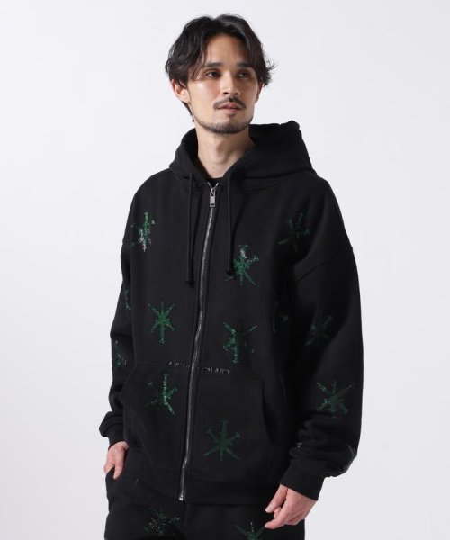 LHP(エルエイチピー)/UNKNOWN LONDON/アンノウンロンドン/BLACK WITH GREEN DAGGER RINESTONE HOODIE/ブラック