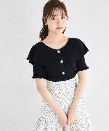 tocco closet(トッコクローゼット)/ビジュー飾り釦付きケープライクリブニットプルオーバー/BLACK