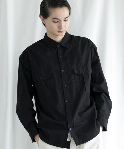 aimoha(aimoha（アイモハ）)/aimoha MENSLIM FIT MARINE FLIP POCKET SHIRT デニムシャツ/ブラック