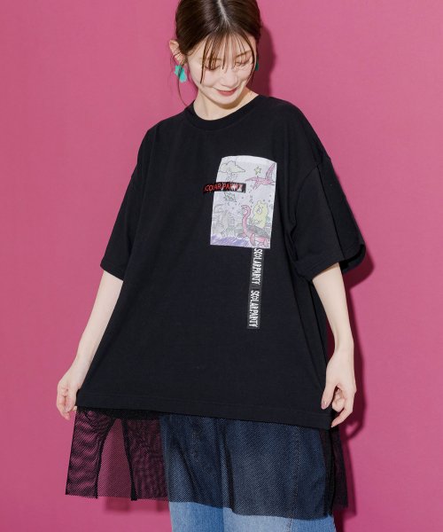 Scolar Parity(スカラー パリティ)/恐竜に乗ったクマ×甘やかし柄アップリケ メッシュ裾Tシャツ/ブラック