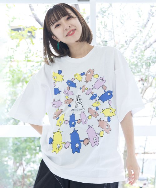 Scolar Parity(スカラー パリティ)/ドリフなカラフルクマとうさぎのプリントTシャツ/オフホワイト