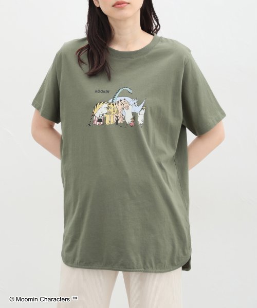 Honeys(ハニーズ)/ムーミン／半袖チュニック Tシャツ レディース 半袖 ロング チュニック ゆったり /カーキ