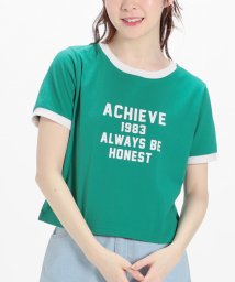 Honeys(ハニーズ)/プリントＴシャツ トップス Tシャツ リンガーTシャツ カットソー 半袖 配色 ロゴ /グリーン