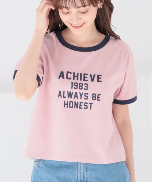 Honeys(ハニーズ)/プリントＴシャツ トップス Tシャツ リンガーTシャツ カットソー 半袖 配色 ロゴ /ピンク