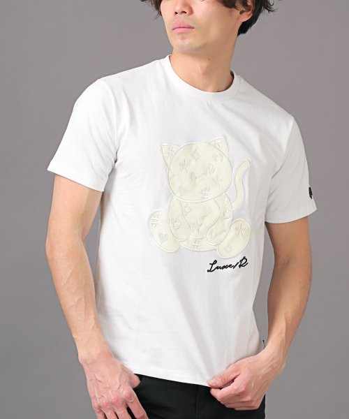 LUXSTYLE(ラグスタイル)/LUXE/R(ラグジュ)猫柄PUレザーワッペン半袖Tシャツ/Tシャツ メンズ 半袖 PUレザー 合皮 ワッペン アップリケ 猫 ねこ ネコ/ホワイト