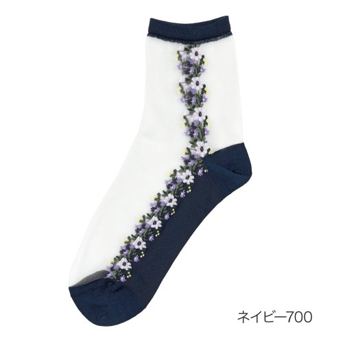 HANAE MORI(ハナエモリ)/HANAE MORI(ハナエ モリ) ： サイド花柄 ソックス クルー丈 テグス(3103－026) 婦人 女性 レディースフクスケ fukuske 福助 公式/ネイビー