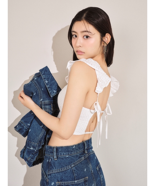 【月末価格】LILY BROWN ボリュームフリルビスチェ ブルー F 映え 夏 LILY BROWN（リリーブラウン）の「ボリュームフリルビスチェ