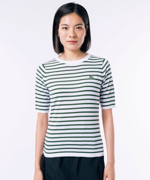 LACOSTE(ラコステ)/UVカット 吸水速乾 ウォッシャブル COOLMAX クールマックス ボーダーニット半袖Tシャツ/クリアグリーン