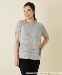 Leilian(レリアン)/透かし編み柄半袖ニットプルオーバー/グレー系