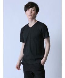 semanticdesign(セマンティックデザイン)/ランダムテレコ Vネック半袖Tシャツ/ブラック