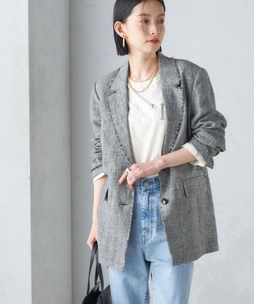 〈手洗い可能〉チェック / 無地 フリンジ ボクシー ジャケット 無地