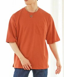 TopIsm(トップイズム)/ポケット付 Tシャツ メンズ 半袖  吸水速乾 ビッグシルエット ドロップショルダー オーバーサイズ USAコットン 無地 クルーネック 5分袖 カットソー/オレンジ