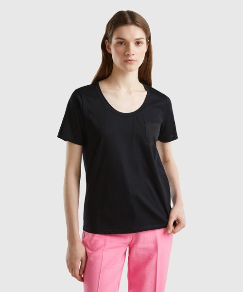 BENETTON (women)(ベネトン（レディース）)/Uネック胸ポケット半袖Tシャツ・カットソー/ブラック