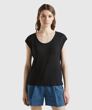 BENETTON (women)/リネン100%Uネックサイドスリット入りフレンチスリーブTシャツ・カットソー/506031599