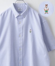 coen/ワンポイントベア刺繍OXBDストライプ半袖シャツ/506035097