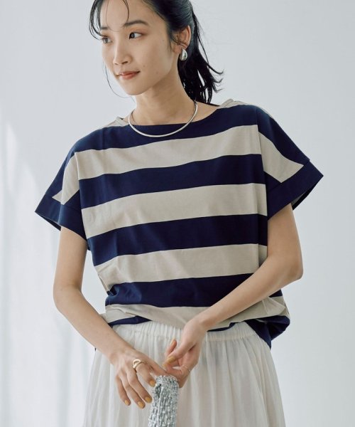 coen(coen)/【WEB限定】ワイドボーダーフレンチスリーブTシャツ/NAVY