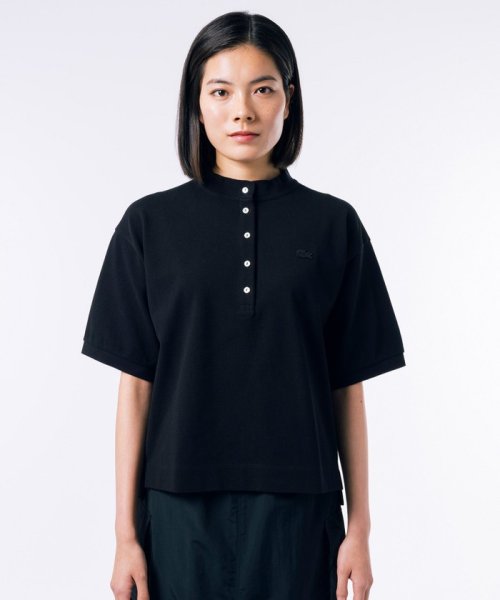 LACOSTE(ラコステ)/リブスタンドカラー クロップド丈 5分袖ポロシャツ/ブラック