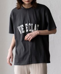 VitaFelice(ヴィータフェリーチェ)/カレッジロゴプリントＴシャツ レディース 半袖 レディース  トップス ロゴ プリント Tシャツ ワイドシルエット ステッチ クルーネック ベーシック シンプル/チャコール