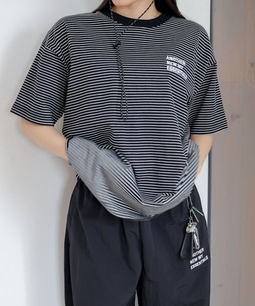 ANME(アンメ)/ANMEロゴ 刺繍入り ボーダー 半袖 Tシャツ/ブラック